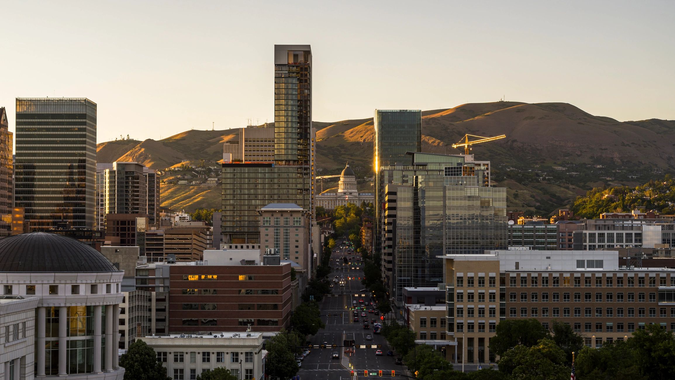 Downtown city skyline at sunset